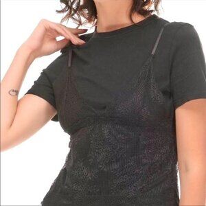Zara Black Floral Lace Mesh Tank Overlay Short Sleeve Tee Shirt Top Size Small